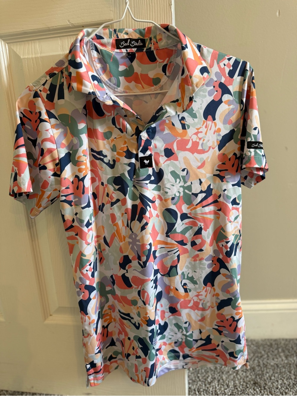 Boys Bad Birdie Coral, Navy & Sage Abstract Floral Polo
